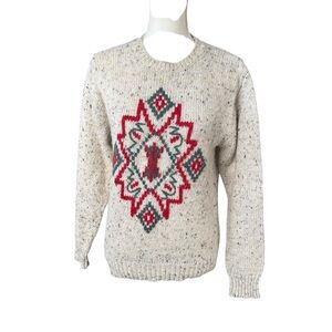 Vtg 80s 90s country Cream knit Sweater Red Gray Pattern preppy women small wool